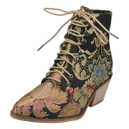 GHSOHS Boots for Women Combat Boots Ankle Booties Shoes Leather Shoes for Women Fall Winter Ankle Boots Pointed Toe Heel Lace Up Embroidery Flower Ethnic Cowboy Cowgirl Boots Ankle Booties Size 41