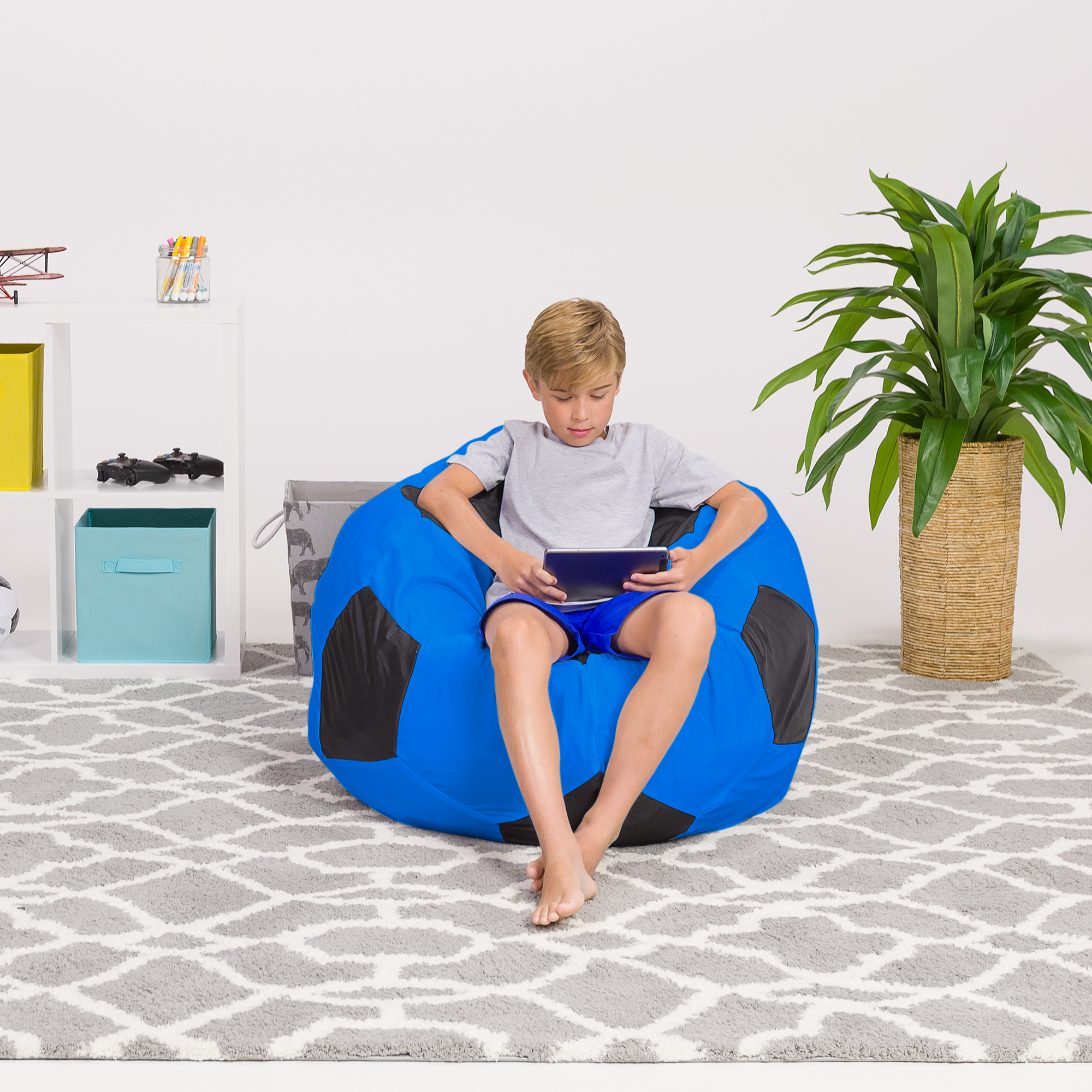 Posh Creations Bean Bag Chair, Adults, Kids, 4 ft, Blue Soccer Ball