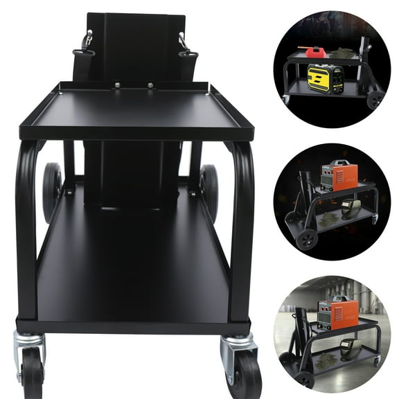 Welding Cart, 110lbs Capacity, 2-Tier Trolley with Black Spraying Surface, Raised Edge to Prevent Tool Fall, Large Rear Wheel for Gas Bottle Support, Mobile &  Design for Workshops