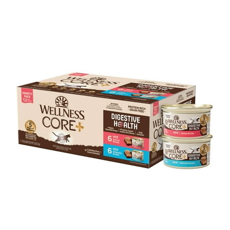 Wellness CORE+ Digestive Health Pate Adult Wet Cat Food, Natural, Protein-Rich, Grain Free, 3 Ounce, 12 Pack (Salmon & Whitefish Variety Pack)