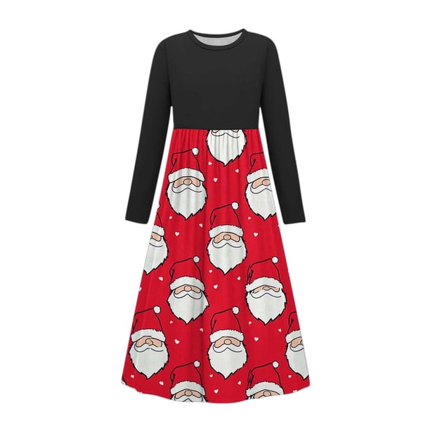 Vestido de manga larga con cuello redondo para niña, estampado navideño, manga larga, cuello redondo, bolsillos, falda larga informal para adultos, vestido de poliéster para niña.