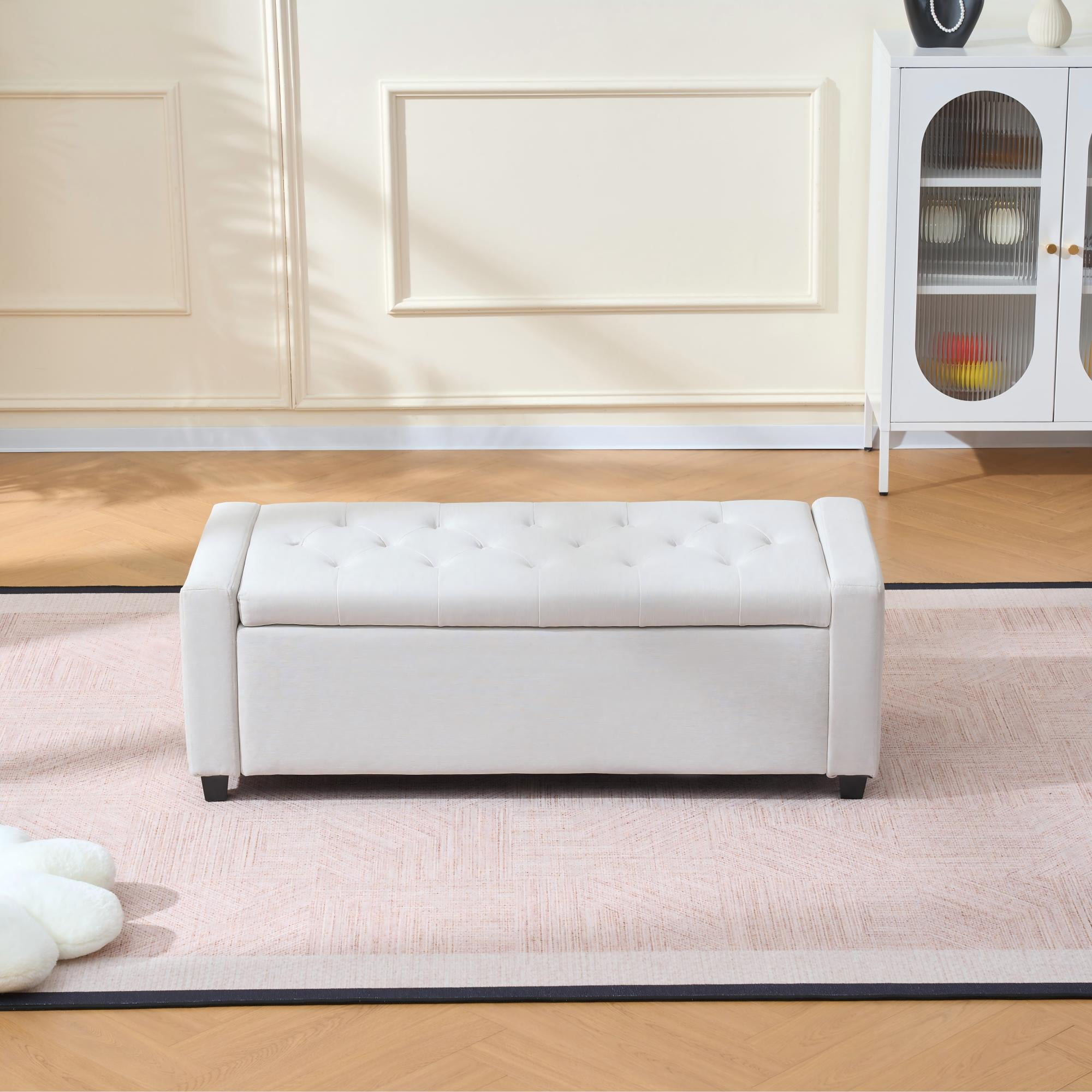 Storage Ottoman Bench with Safety Hinge, Upholstered Entryway Bench with Button Tufting, Diamond Stitching and Wood Frame, Fabric Storage Seat for Living Room and Bedroom End of Bed, 48 Inch, Beige