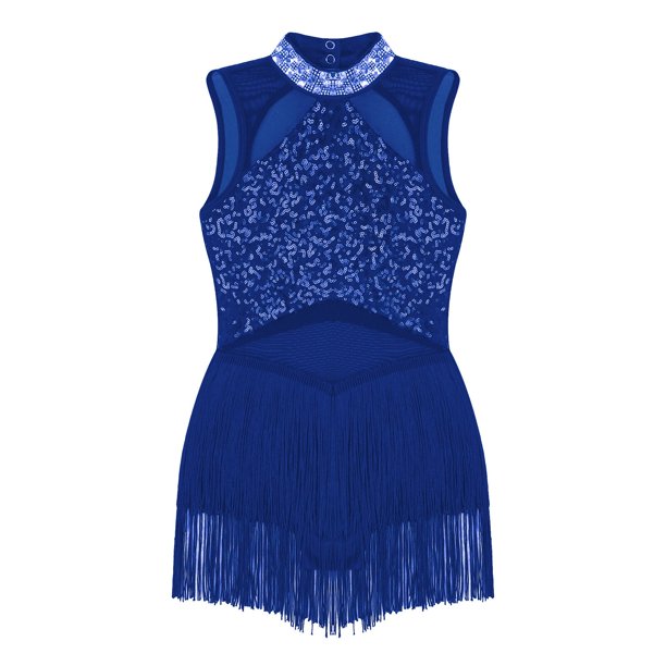 Girls Shiny Rhinestone Sequin Jazz Dance Dress Sheer Mesh Tassel Hem Skating Ballet Leotards Dresses Stage Performance Dancewear8 Gong Bohan LED
