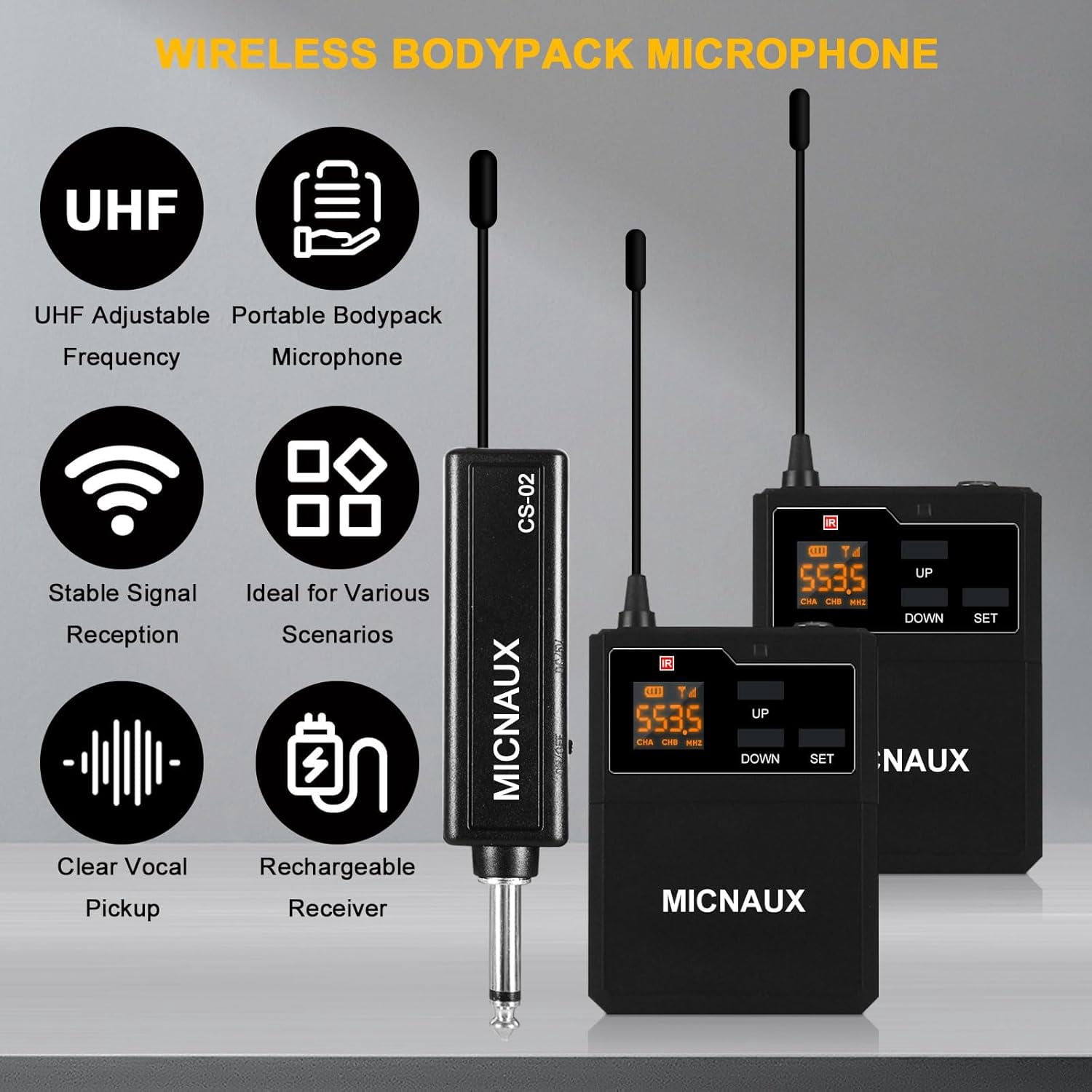 Wireless Lapel Microphone System with Headset & Lavalier Mics, UHF Bodypack Transmitters, Mini Rechargeable Receiver, 48 Channels in 500MHz, 260ft Range, Plug & Play for Wedding Speech Church