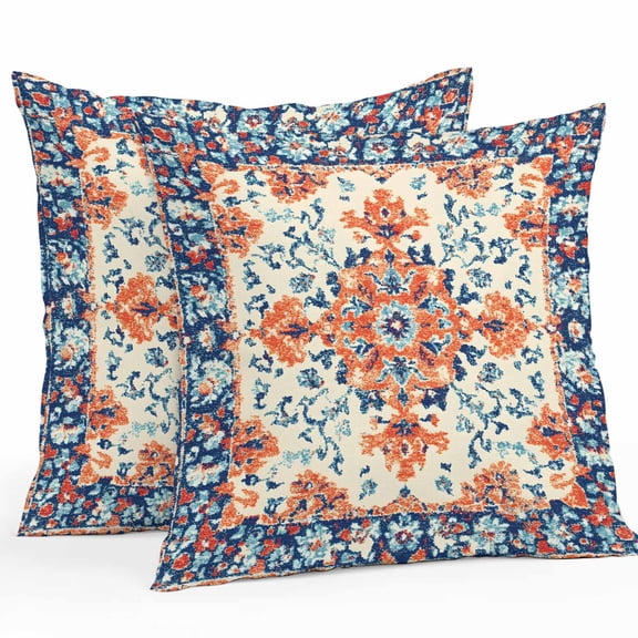 Retro Ethnic Leaves Outdoor Pillow Covers Pack of 2 Flowers Orange Blue Texture Waterproof Throw Pillow Covers Decorative Cushion Cases for Patio Garden Tent Balcony Couch 18x18 inch