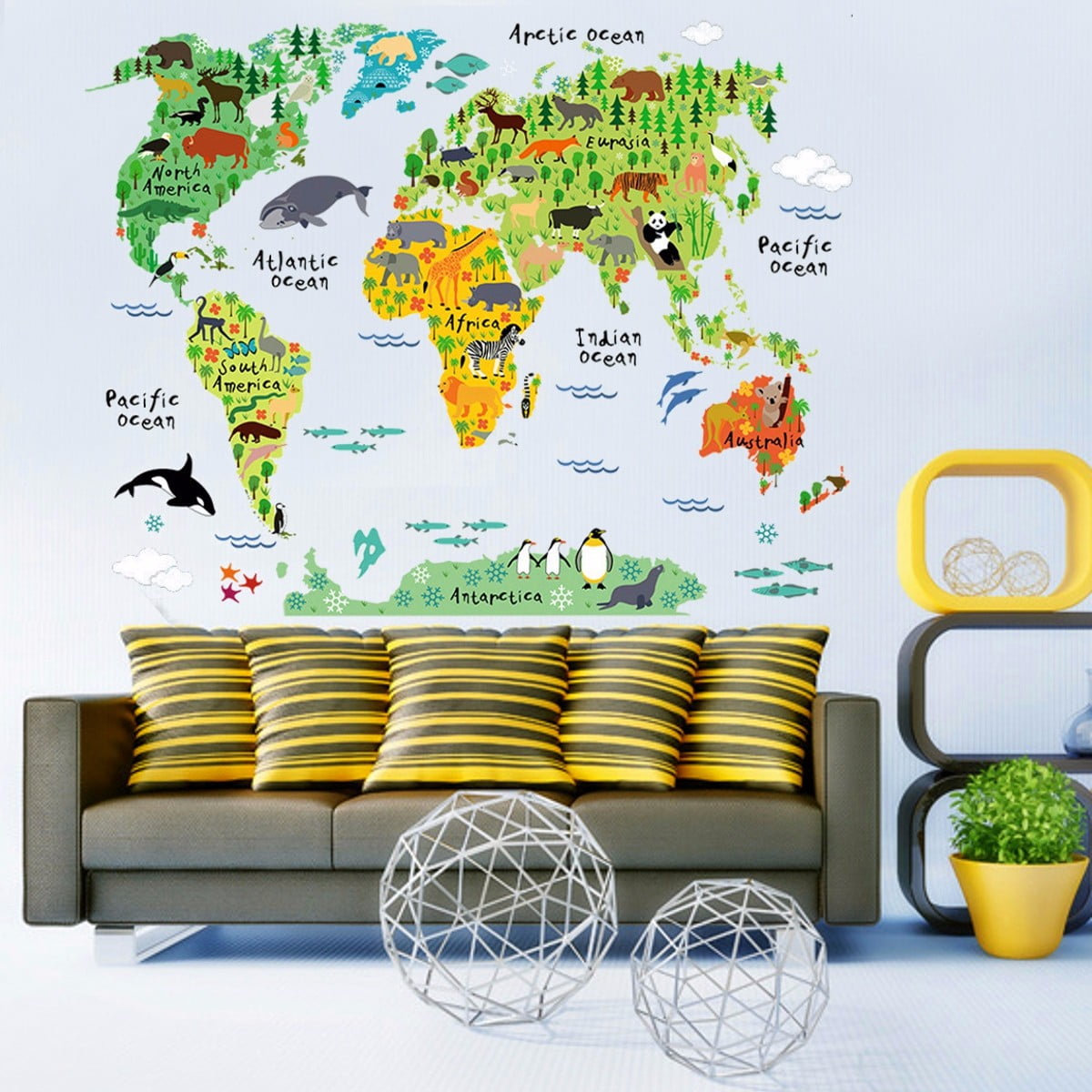 Animal World Map Wall Stickers Removable Art Decal Kids Nursery Home Decors 