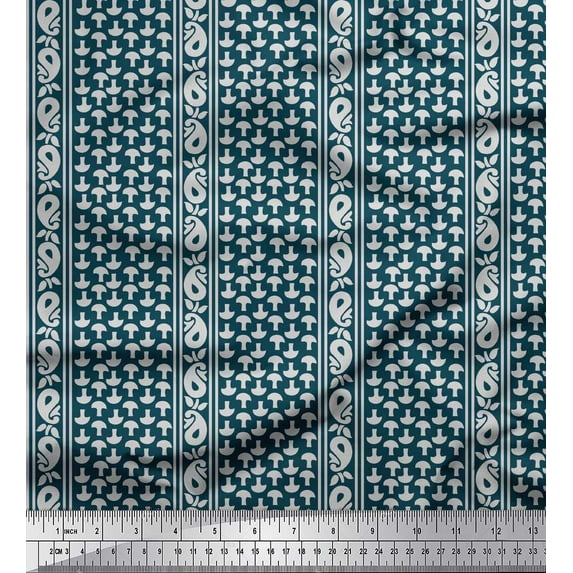 Soimoi Blue Cotton Duck Fabric Mushroom & Paisley Decor Fabric Printed BTY 58 Inch Wide