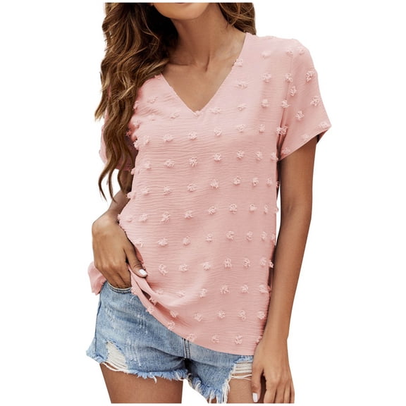 USSUMA Summer Tops for Women Trendy Cute Basic Chiffon Blouse Tunic Loose Fit Swiss Dot Solid Color Womens Tops Casual V Neck Short Sleeve Shirts for Women Dressy Casual