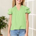 thumbnail image 2 of lcziwo Girls Summer T Shirts Trendy Double Layer Ruffle Short Sleeve Cute Tees Tops Kids V Neck Comfy Blouse Vacation Travel Clothes Green 7 Years Prime Sales Today Clearance, 2 of 9