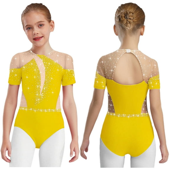 LiiYii Kids Girls Sparkly Short Sleeve Gymnastics Leotard Athletic Ballet Dance Bodysuit Figure Skating Jumpsuit Yellow 8