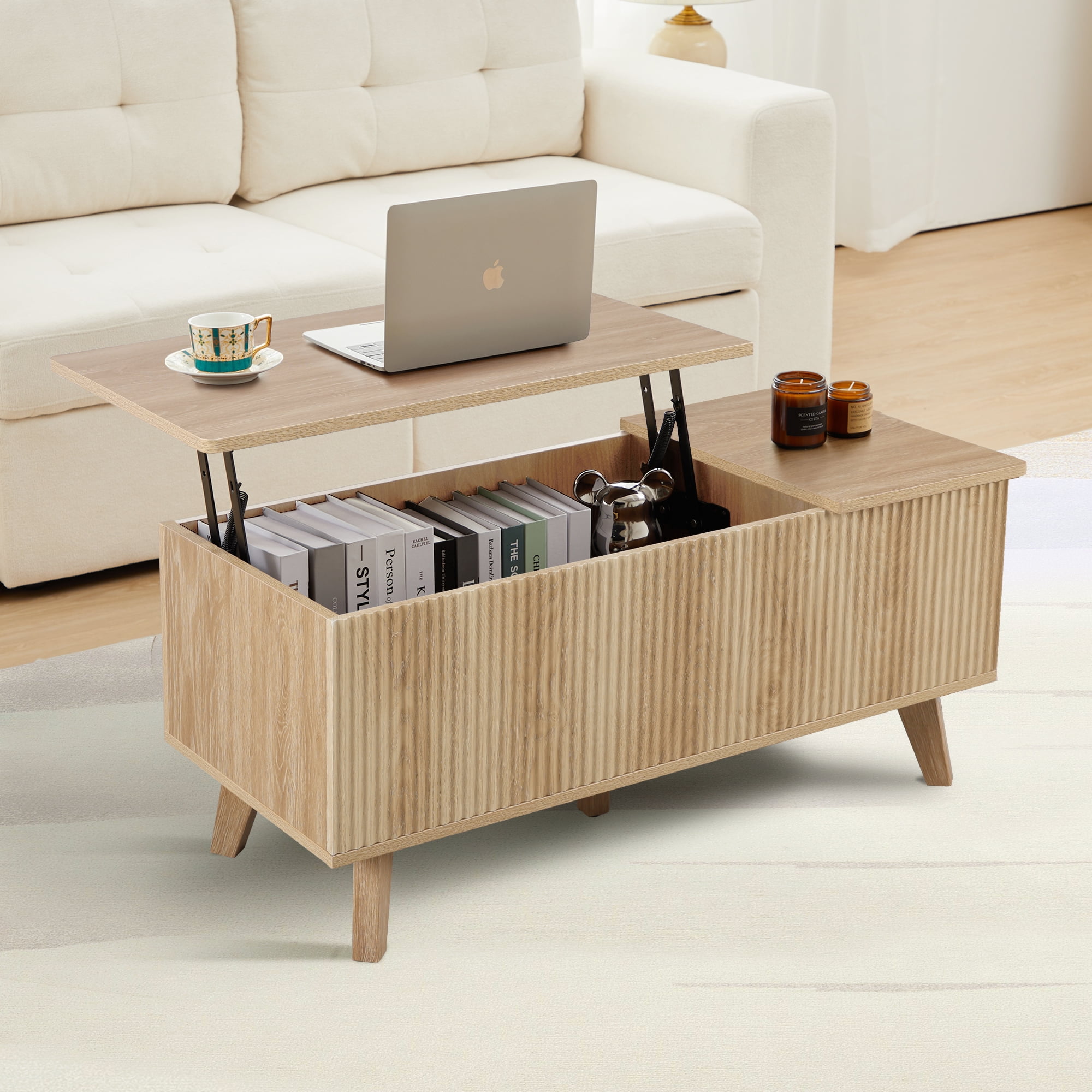 Wirrytor Modern Lift Top Coffee Table with Hidden Storage, Square Center Table with Adjustable Shelf for Living Room, Farmhouse Coffee Table with Large Compartment