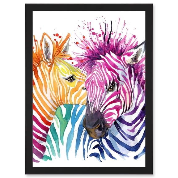 Rainbow Two Rainbow Zebra Painting Multi Coloured Artwork Framed Wall Art Print A4