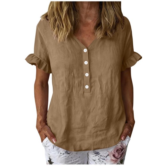 Perfectbot Women’s V-Neck Ruffle Short Sleeve Blouse, Henley Button-Down Casual Tunic Top, Lightweight Crinkle Cotton Shirt