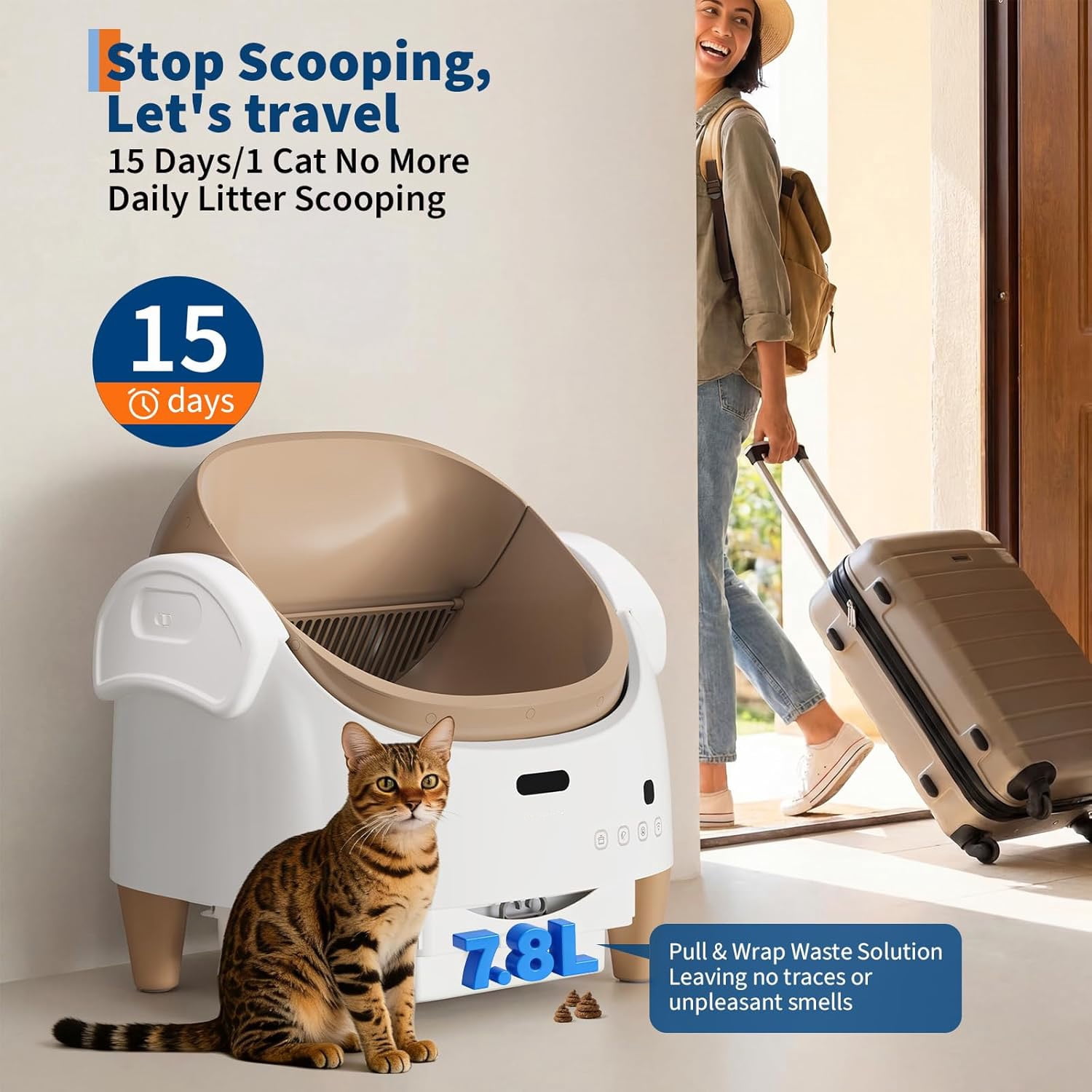 Memoryfield Open-Top Self Cleaning Cat Litter Box with App Control, Safety Sensors, Odor Control, Bags, Beige