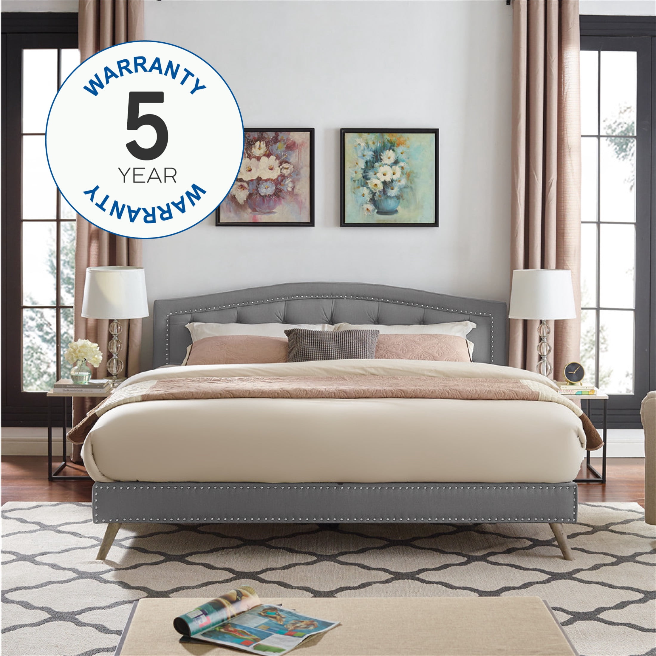 DeCoro Austin Diamond Tufted Upholstered Platform Bed | Headboard and Wood Frame with Wood Slat Support, King, Peyton Steel