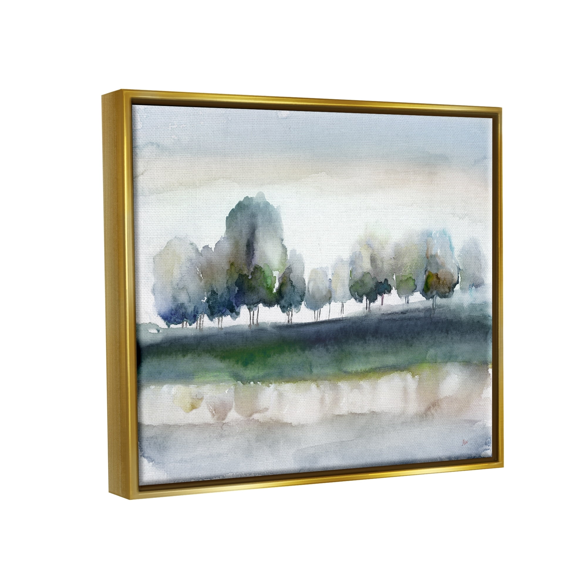 Stupell Industries Tree Orchard Flowing River Watercolor Nature Scene Painting Metallic Gold Floating Framed Canvas Print Wall Art, Design by Nan