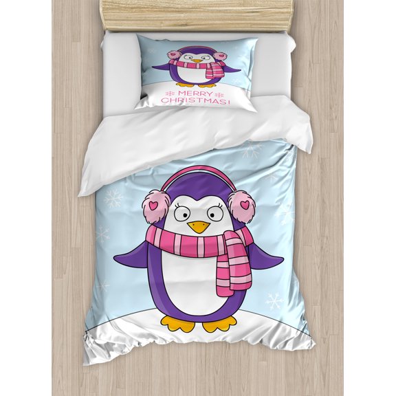 Christmas Duvet Cover Set, Funny Cartoon Penguin with Pink Scarf and Earmuffs Merry Christmas, Decorative 2 Piece Bedding Set with 1 Pillow Shams, Twin Size, Blue Violet Pale Blue, by Ambesonne