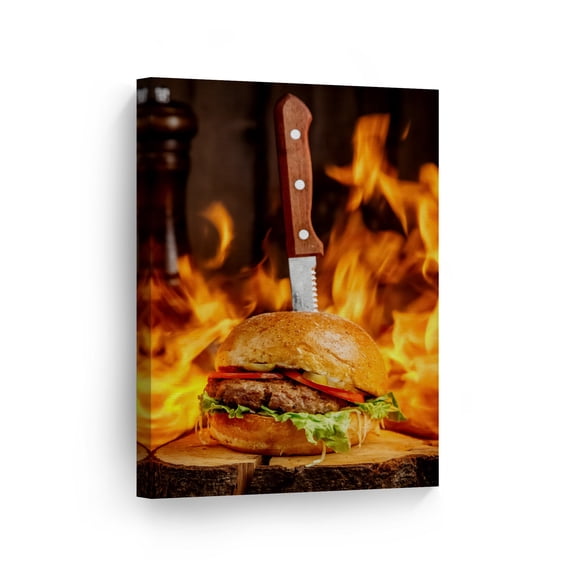 Smile Art Design Tasty Meat Burger and Fire Kitchen Canvas Wall Art Print Restaurant Cafe Dining Room Farmhouse Decor Modern Housewarming Gift 40x30