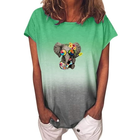 sebulube Fashion Women Gradient Sunflower Print O-Neck Short Sleeves T-Shirt Blouse Tops