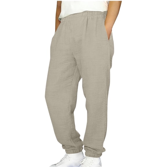 OGLCCG Boys Linen Sweatpants Elastic Waist Joggers with Pockets Summer Casual Sports Trousers for Kids 4-15 Years