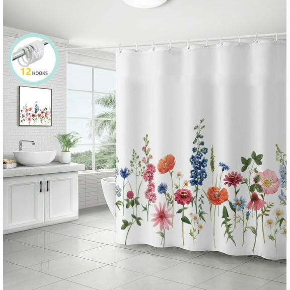 Zrodlmo Floral Shower Curtain,White Waterproof Bathroom Curtain with Hooks,72"x 72",Pink Flower