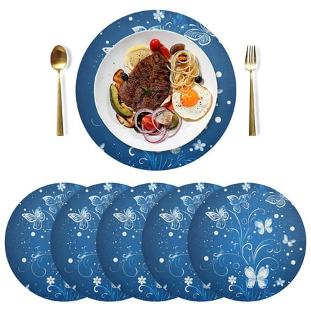 

Round Placemats Plate Mats 15 Inch Non-Slip Heat Resistant Washable PVC Set Table Decoration for Kitchen Dining White Butterfly