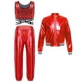 thumbnail image 4 of renvena Kids Girls Hip Hop Street Dance Performance Costume Sequins Crop Top Long Sleeve Bomber Red 16, 4 of 6