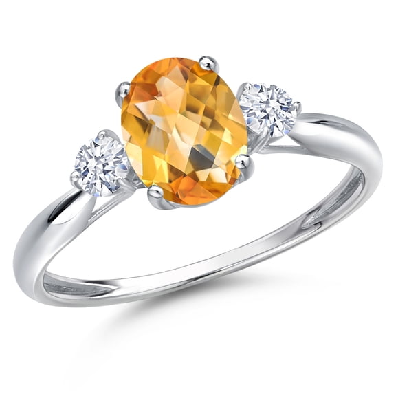 Gem Stone King 10K White Gold Yellow Citrine and White Zirconia 3-Stone Ring for Women | 1.47 Cttw | Oval Checkerboard 8X6MM | Gemstone November Birthstone | Size 9