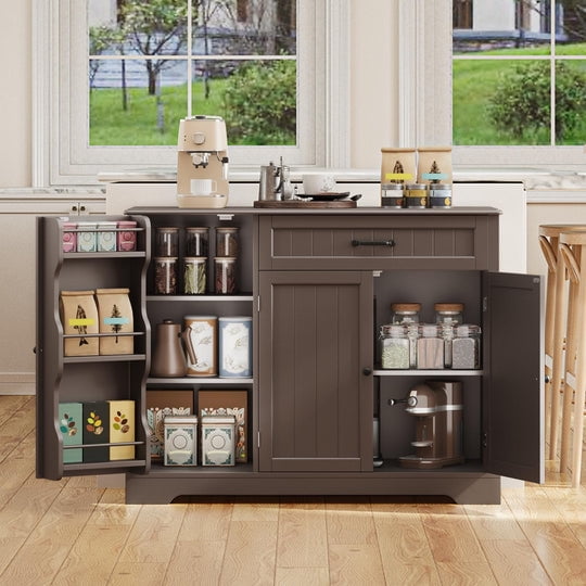 Aiho 42” Coffee Bar Cabinet with Storage, Kitchen Storage Cabinet, Sideboard Buffet Cabinet with 8 Shelves, 1 Drawer - Dark Brown