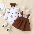 thumbnail image 3 of URMAGIC 3pcs Baby Girl Romper Set Long Sleeve Jumpsuit with Cartoon Suspender Skirt Headband Infant Girls Fall Outfit Set, 3 of 6