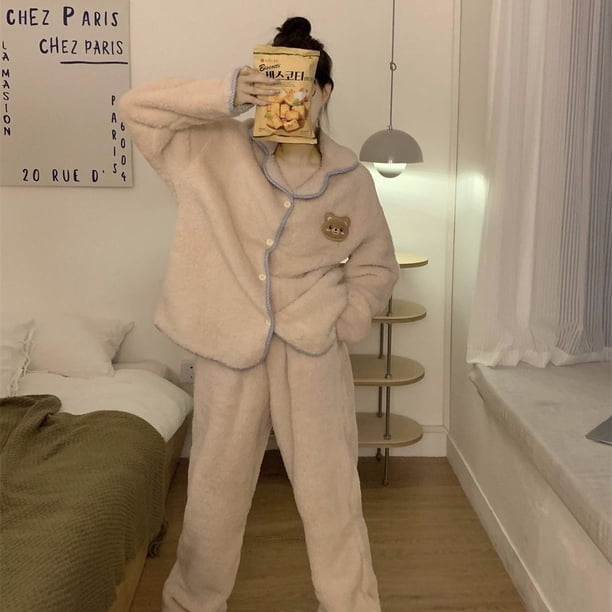 Pijama grueso con forro polar cálido de invierno para mujer, lindo cárdigan con solapa interior, ropa para el hogar