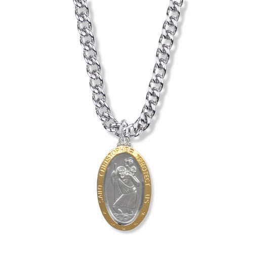 Singer Men's Women's 1-1/8 Inch Two Tone Sterling Silver Oval St. Christopher Medal, Patron Saint of Travelers with Stainless Steel Rhodium Plated 24" Chain, Style Saint