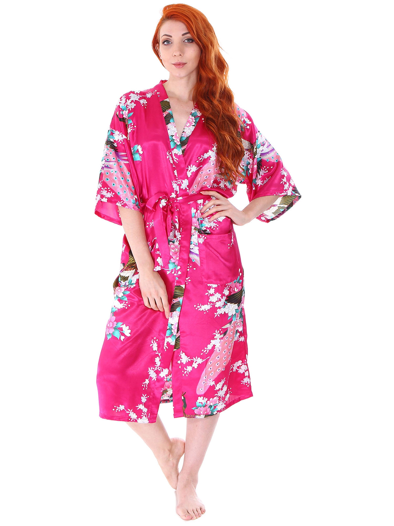 Women's Satin Kimono Robe w/ Sash and Pockets,Peacock Blossom Print