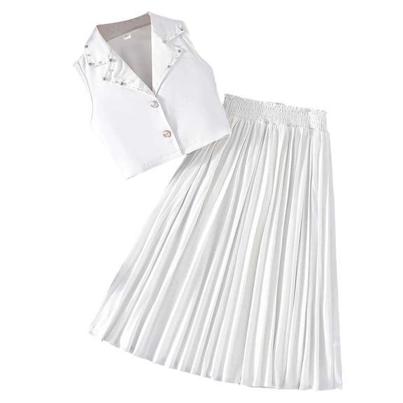Kids Girls 2 Piece Outfit Set, White Vest & Pleated Skirt, Coordinated Party & Playdate Outfit, Elastic Waist Machine Washable Polyester Spandex,Size 7 T