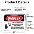 thumbnail image 2 of (2 Pack) Saw Blade Present Disconnect OSHA Danger Sign 10 Inch X 7 Inch Vinyl Label Decal Sticker Weather Resistant, UV Protected for Workplace, Business, and Construction Site, Made in, 2 of 7