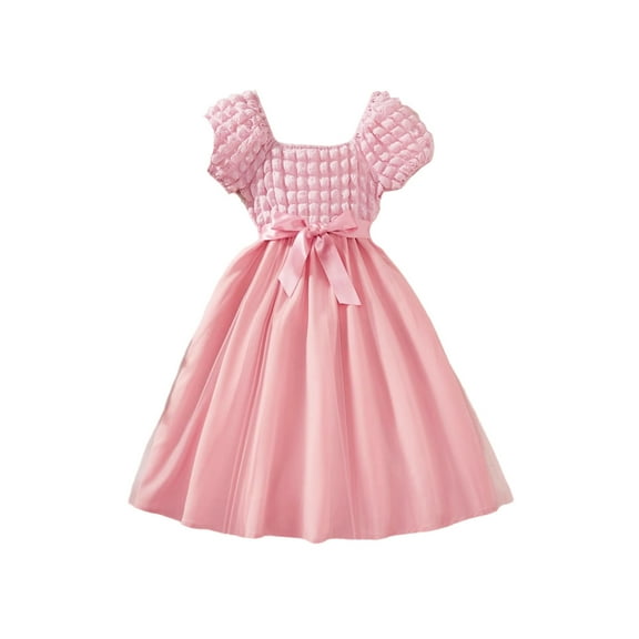 Tisuna Summer Princess Dress For Girls Child Plaid Solid Color Short Sleeve Square Neck Dresses Elegant Cute Little Girls Midi Dress Red Size 10-11 Years