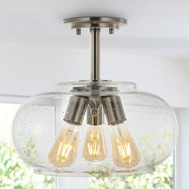JONATHAN Y Marlowe 13.75" 3-Light Modern Industrial Iron/Seeded Glass LED Semi Flush Mount, Nickel/Clear by JONATHAN  Y