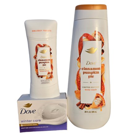 Dove Cinnamon Pumpkin Pie Deep Nourishment Liquid for Women All Skin, Body Wash 20 oz, Antiperspirant 2.6 oz and Dove Winter Care Bar Soap