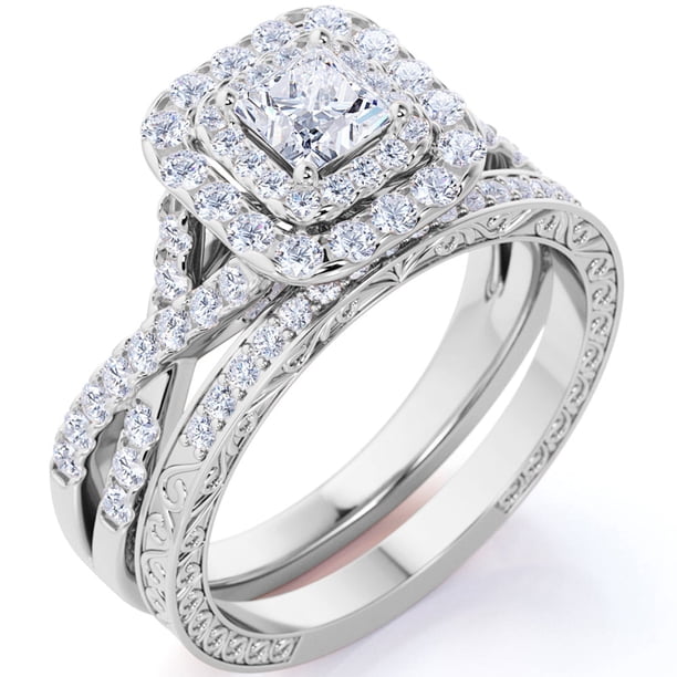JeenMata Anillo de Bodas de 1,25 Uds, Moissanita Cuadrada, Doble Halo, Banda Retorcida, Inspiración Vintage, Pavé, Engastado en Oro Blanco de 18 K sobre Plata
