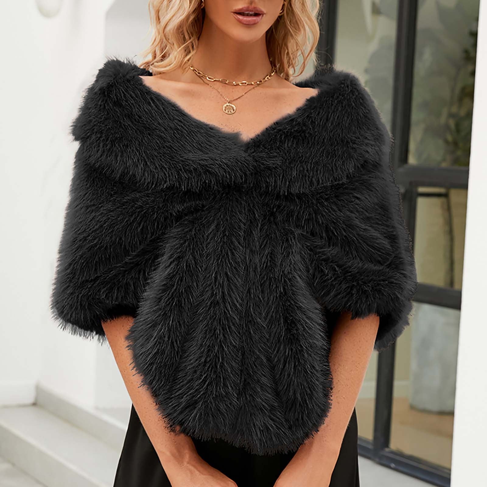 Penkiiy Cape en Fausse Fourrure pour Femmes, Manteau, Chandail