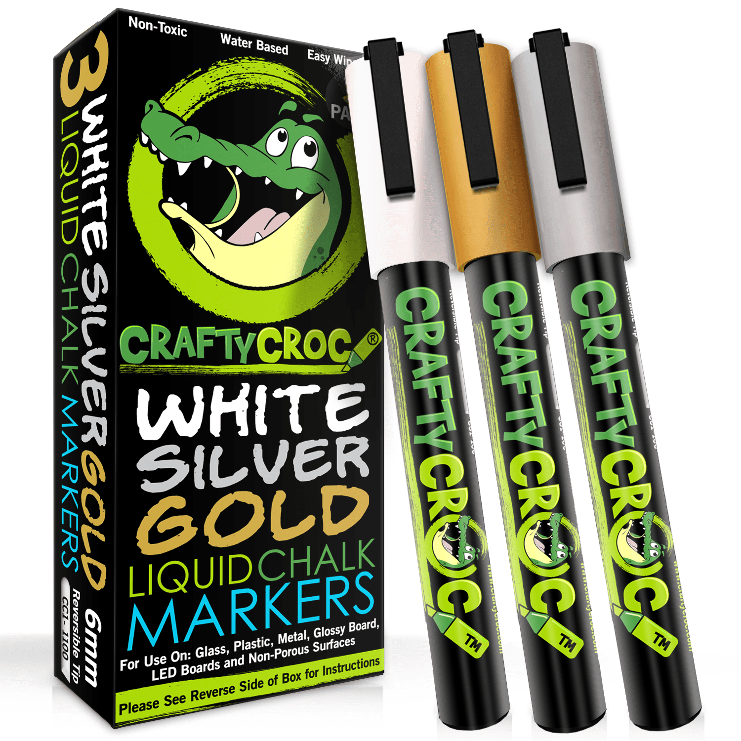 Crafty Croc Metallic Chalk Markers Medium Tip 6mm 3 Pack Wet Erase for Accent Details Gold Silver White