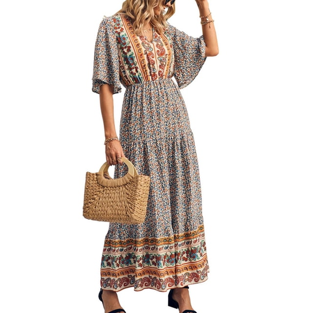 Lucakuins - Vestido informal para mujer, diseño bohemio, manga corta, cuello en V, verano, playa, vacaciones, vestido elegante Lucakuins moda