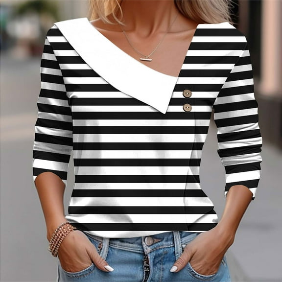 hxobax Long Sleeve Striped Tops for Womens Collared V Neck Tshirts Button-up Colorblock Tunic Blouse