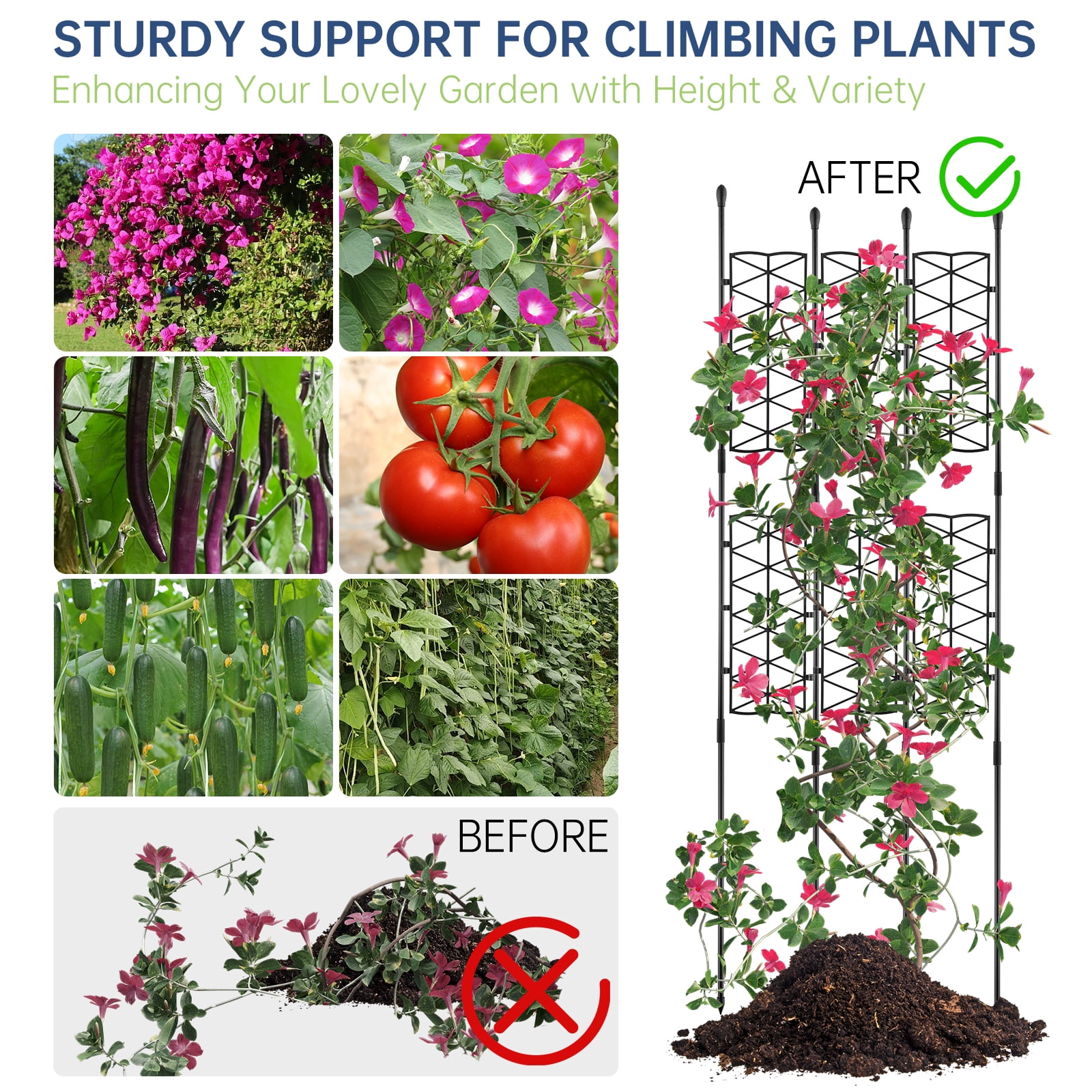 NiHome 12-Pack 50 Inches Garden Trellis for Climbing Plants Outdoor, Plant Support Trellis Cage for Clematis, Roses, Jasmine and Vines Such as Tomatoes, Grapes, Cucumbers and Blackberries