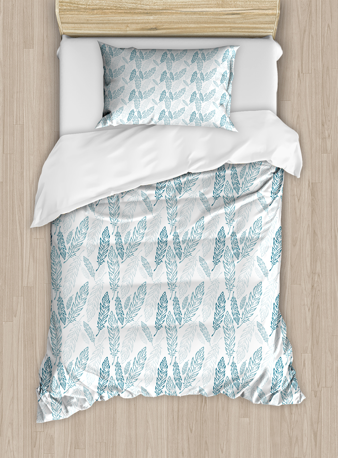 Teal and White Duvet Cover Set, Pastel Colored Grunge Looking Feathers Flying Bohemian Ethnic