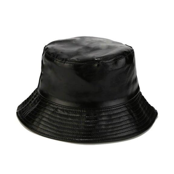 dianhelloya Hip Hop Unisex Bucket Hat Waterproof Holographic Adjustable Sun Faux Leather Flat Top Fisherman Hat for Daily Outing