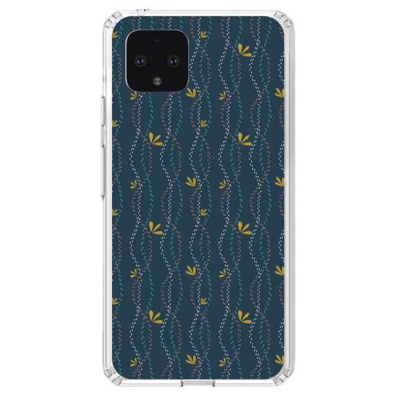 DistinctInk Clear Shockproof Hybrid Case for Google Pixel 4 (5.7" Screen) - TPU Bumper, Acrylic Back, Tempered Glass Screen Protector - Modern Floral - Wavy, Navy, Pink, Teal
