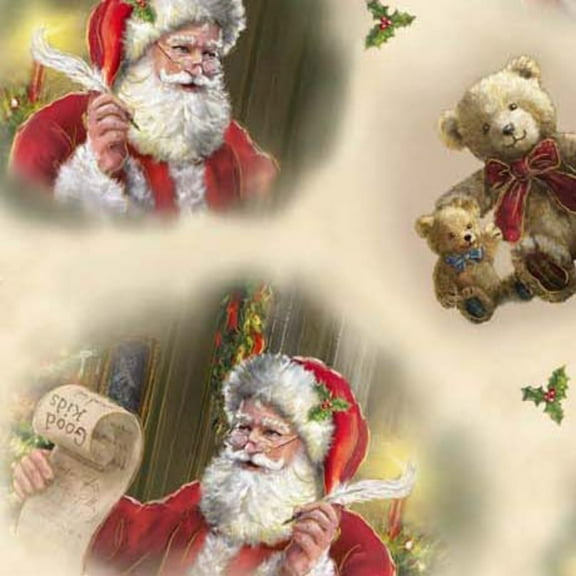 Checking it Twice Santa and Teddy Bears Cream Cotton Fabric (Yard)