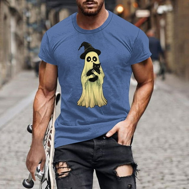 Pisexur Chemises pour Hommes Chandail pour Hommes Blouse/t-Shirt d'Halloween Imprimé à Col Rond à Manches Courtes Bleu, TG
