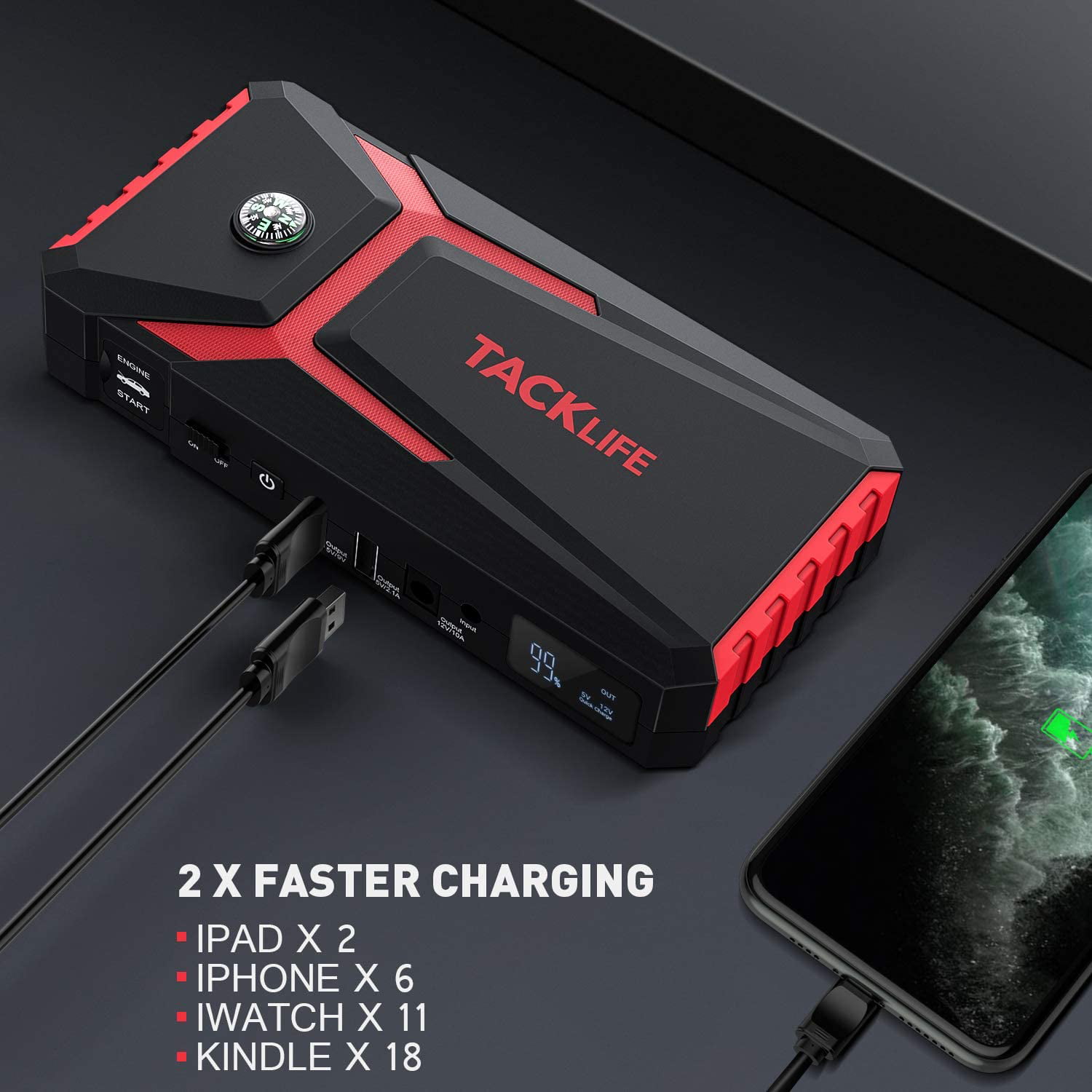 Tacklife 800A Peak 18000mAh Car Jump Starter (up to 7.0L Gas, 5.5L Diesel  Engine), 12V Auto Battery Booster,T8 Green 